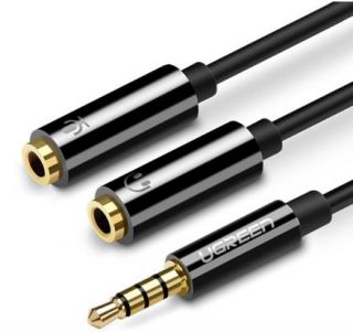 - Cable headphone splitter mini jack 3.5 mm - 2 x mini jack 3.5 mm (microphone + stereo output) Black
