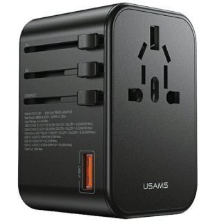 - USAMS USAMS Adapter siec 1xUSB+2xUSB-C T62 65W 4w1 US / AU / EU / UK czarny / black CC199TC01  US-CC199  Univesal Travel Charger melns