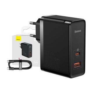 Baseus Wall charger GaN USB-C + USB, 100W + 1m cable  black melns