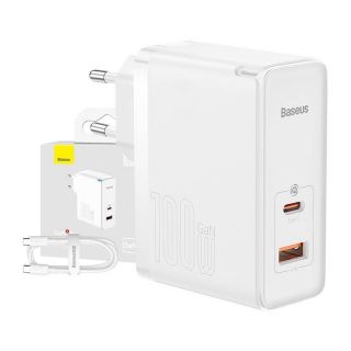 Baseus Wall charger GaN5 Pro USB-C + USB, 100W + 1m cable  white balts
