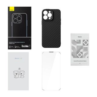 Baseus&nbsp;Magnetic Case Synthetic Fiber Series for iPhone 14 Pro  black + tempered glass + cleaning kit