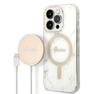 GUESS GUBPP14LHMEACSH Case+ Charger Set iPhone 14 Pro 6.1" white / white hard case Marble MagSafe balts