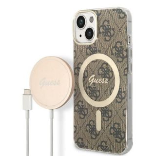 GUESS Set GUBPP14SH4EACSW Case+ Charger iPhone 14 6.1" brown / brown hard case 4G Print MagSafe
