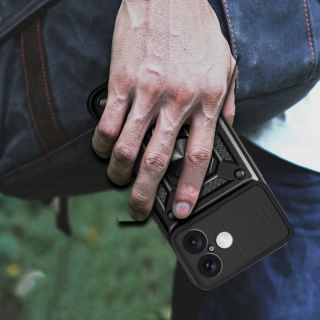 -&nbsp;Hurtel Hybrid Armor Camshield iPhone 16 Armored Case with Camera Cover and Stand Black