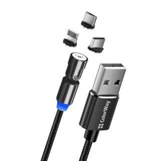 -&nbsp;ColorWay Cable 3in1  Lightning+MicroUSB+Type-C  Magnetic Rotation 540° 2.4А, 1m | CW-CBUU037-BK