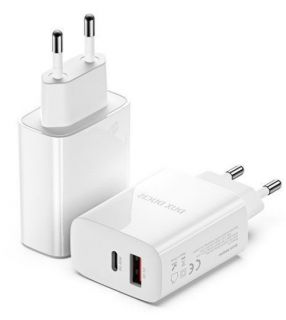 - Dux Ducis 
 Universal 
 Travel charger C70 USB + Type C PD 20W QC 3.0 18W 3A 
 White balts