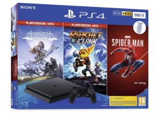 Sony Playstation 4 Slim 500GB PS4 Black + Horizon Zero Dawn+ Ratchet &amp;amp;amp;amp; Clank + Spider Man melns