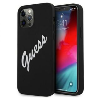GUESS iPhone 12 Pro Max 6.7'' Vintage White Script Silicone Cover Black balts melns