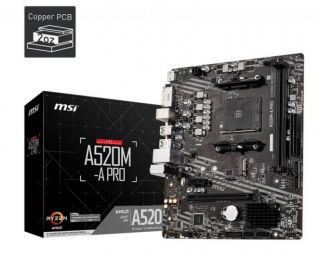 MSI Mainboard||AMD A520|SAM4|MicroATX|1xPCI-Express 3.0 1x|1xPCI-Express 3.0 16x|1xM.2|Memory DDR4|Memory slots 2|1xDVI|1xHDMI|2xAudio-Out|2xUSB 2.0|4xUSB 3.2|1xRJ45|A520M-APRO