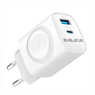 Evelatus&nbsp;2 in 1 Charger 20W Max USB-C+USB-A:15W Max USB-C+USB-A+Wireless:15W+2W 17W Max White
