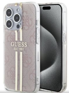 GUESS Guess Apple iPhone 15 Pro IML 4G Gold Stripe Case Pink zelts rozā