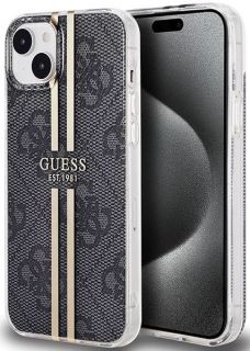 GUESS Guess - iPhone 15 black hardcase IML 4G Gold Stripe Black melns zelts