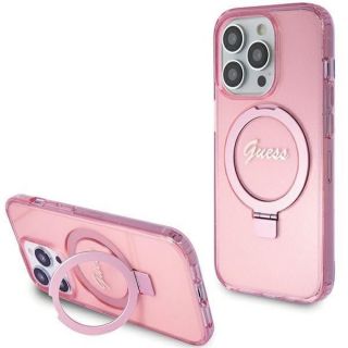 GUESS&nbsp;Guess Guess Ring Stand Script Glitter MagSafe case for iPhone 15 Pro - pink