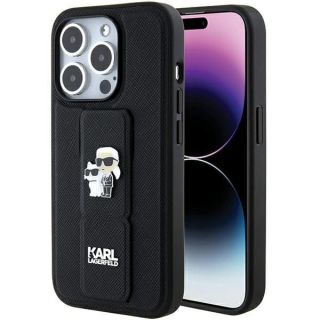 -&nbsp;Karl Karl Gripstand Saffiano Karl&Choupette Pins case for iPhone 15 Pro Max black