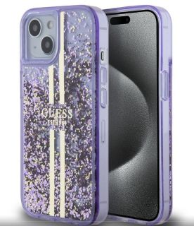 GUESS Guess Apple iPhone 15 PC / TPU Liquid Glitter Gold Stripe Case Purple zelts purpurs