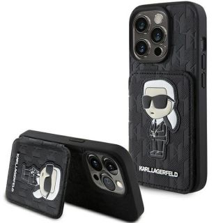 -&nbsp;Karl Karl Saffiano Cardslots and Stand Monogram Ikonik Patch case for iPhone 15 Pro Max black