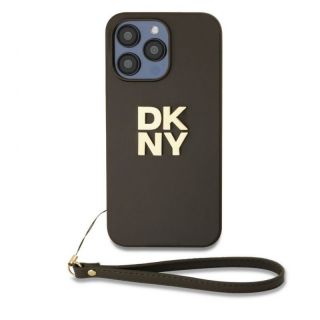DKNY&nbsp;PU Leather Stack Logo Wrist Strap Case for iPhone 15 Pro Max Brown