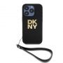 DKNY PU Leather Stack Logo Wrist Strap Case for iPhone 15 Pro Black