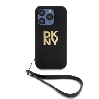 DKNY&nbsp;PU Leather Stack Logo Wrist Strap Case for iPhone 15 Pro Black