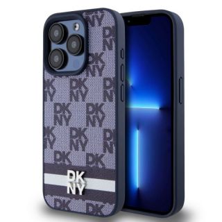 DKNY&nbsp;PU Leather Checkered Pattern and Stripe Case for iPhone 15 Pro Blue