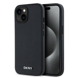 DKNY&nbsp;PU Leather Silver Metal Logo Magsafe Case for iPhone 15 Black