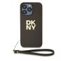 DKNY PU Leather Stack Logo Wrist Strap Case for iPhone 14 Pro Max Brown
