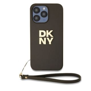 DKNY&nbsp;PU Leather Stack Logo Wrist Strap Case for iPhone 14 Pro Brown