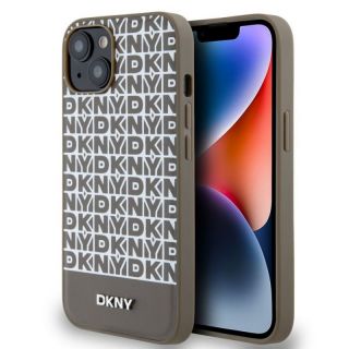 DKNY&nbsp;PU Leather Repeat Pattern Bottom Stripe MagSafe Case for iPhone 14 Brown