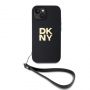 DKNY PU Leather Stack Logo Wrist Strap Case for iPhone 13 Black