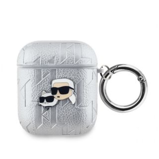 -&nbsp;Karl Lagerfeld - Karl Lagerfeld PU Embossed Karl and Choupette Heads Case for AirPods 1 / 2 Silver