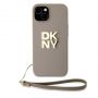 DKNY PU Leather Stack Logo Wrist Strap Case for iPhone 15 Beige