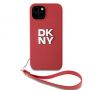 DKNY PU Leather Stack Logo Wrist Strap Case for iPhone 14 Red