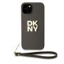 DKNY PU Leather Stack Logo Wrist Strap Case for iPhone 13 Brown