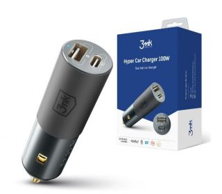 3MK Universal Hyper Car Charger 100W  /  DC12-24  /  USB-C+USB-A Black