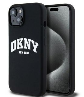 DKNY DKNY Apple iPhone 15 hardcase Liquid Silicone White Printed Logo MagSafe Black balts melns