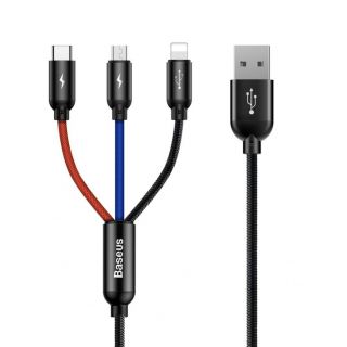 Baseus Baseus Baseus Three Primary Colors 3in1 USB - micro USB  /  Lightning  /  USB-C nylon braided cable 3.5A 1.2M black  CAMLT-BSY01 melns