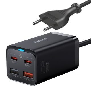Baseus Baseus Baseus GaN3 Pro fast charger GaN 2 x USB Type C  /  2 x USB 65W PD, QC4.0+, AFC, PPS + cable USB Type C - USB Type C 1m black  CCGP040101 melns