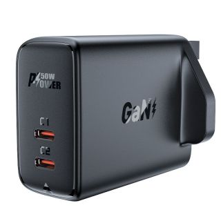 - Acefast Acefast GaN charger  UK plug  2x USB Type C 50W, Power Delivery, PPS, Q3 3.0, AFC, FCP black  A32 UK melns