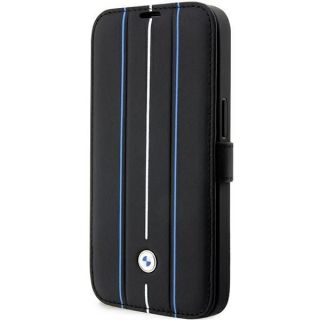 BMW Case BMBKP14X22RVSK iPhone 14 Pro Max 6.7" black / black bookcase Leather Stamp Blue Lines melns zils