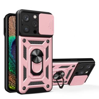 - Hurtel iPhone 15 Pro Max Hybrid Armor Camshield Case with Kickstand and Camera Cover Pink rozā