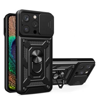- Hurtel Armor Camshield Case with Stand and Camera Cover for iPhone 15 Pro Max Hybrid Armor Camshield Black melns