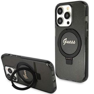 GUESS Guess Guess Ring Stand Script Glitter MagSafe case for iPhone 15 Pro - black melns