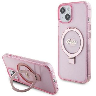 GUESS Guess Guess Ring Stand Script Glitter MagSafe case for iPhone 15 Plus  /  14 Plus - pink rozā
