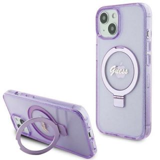 GUESS Guess Guess Ring Stand Script Glitter MagSafe case for iPhone 15 - purple purpurs