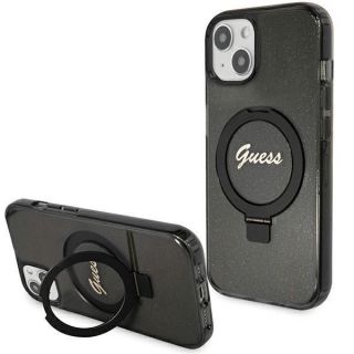 GUESS Guess Guess Ring Stand Script Glitter MagSafe case for iPhone 13  /  14  /  15 - black melns