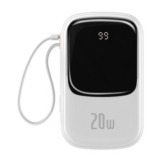 Baseus Qpow Digital Display Power Bank with Fast Charging 20000mAh 20W QC / PD / SCP / FCP with Built-in Lightning Cable White balts
