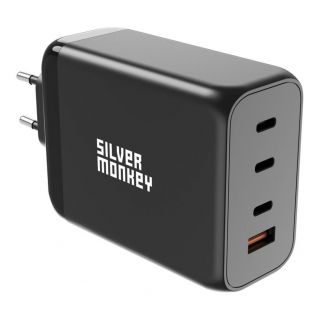 - Silver Monkey Silver Monkey SMA153 200W GaN charger 3xUSB-C PD USB-A QC 3.0 black sudrabs melns