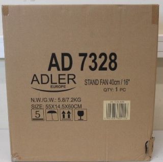 - Adler SALE OUT. AD 7328 Fan 40cm / 16'' stand with remote control, White Fan AD 7328 Stand Fan DAMAGED PACKAGING, SCRATCHES Diameter 40 cm White Number of speeds 3 120 W Yes Oscillation | Fan | AD 7328 | Stand Fan | DAMAGED PACKAGING, SCRATCHES | White | 