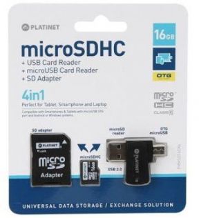 Platinet 4in1 16GB Micro SDHC Class 10 Atmiņas Karte + Kar&amp;amp;#353;u Lasītājs + OTG + Adapteris