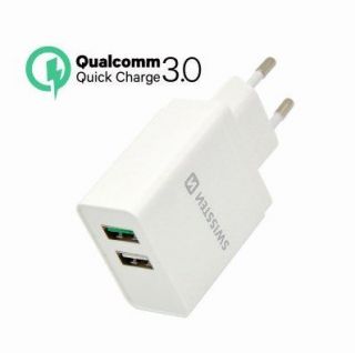 - Premium Tīkla Lādētājs Qualcomm 3.0 Quick Charge + Smart IC ar 2x USB 30W Balts